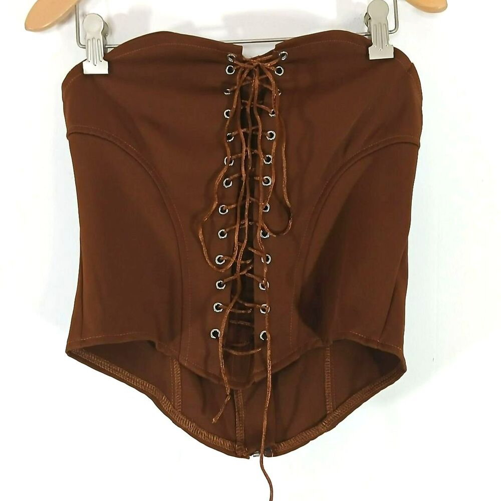 Brown Lace Up Corset Top XS Strapless